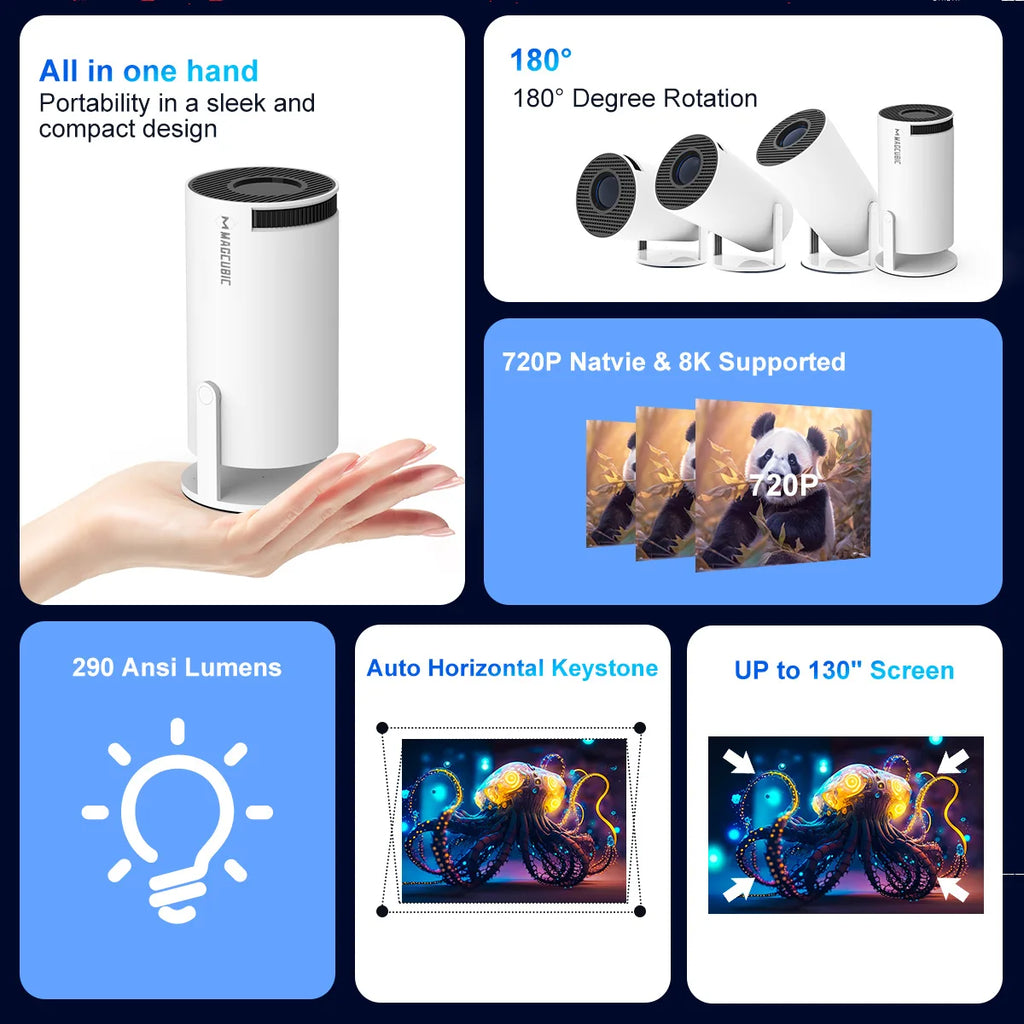 WallCinema Projector HY300 PRO 8K Android 14 Dual Wifi6 290ANSI Allwinner H726 BT5.4 1080P 1280*720P Home Cinema Outdoor Projetor